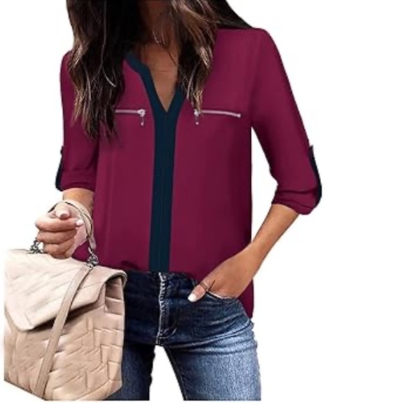 Gaharu Tops - Gaharu (NWT) V-Neck Blouse with 3/4 Sleeve